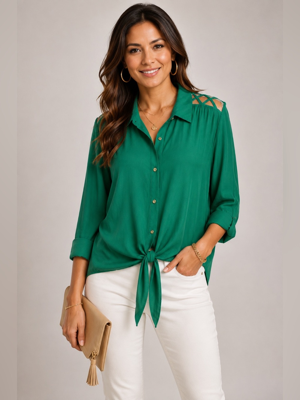 Excuse Me Miss Emerald Green Front Tie Blouse Large Strappy Cold Shoulder NWT